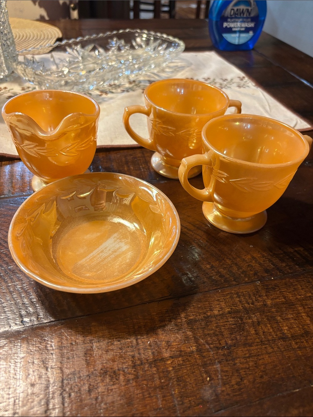 4 piece vintage fire-king peach lustre set in laurel leaf pattern